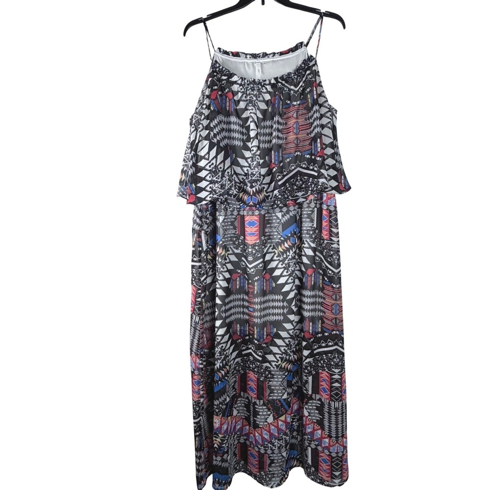 NY Collection Woman Geometric Tribal Print Maxi Dress Black Red 2X Sleeveless - Picture 2 of 10